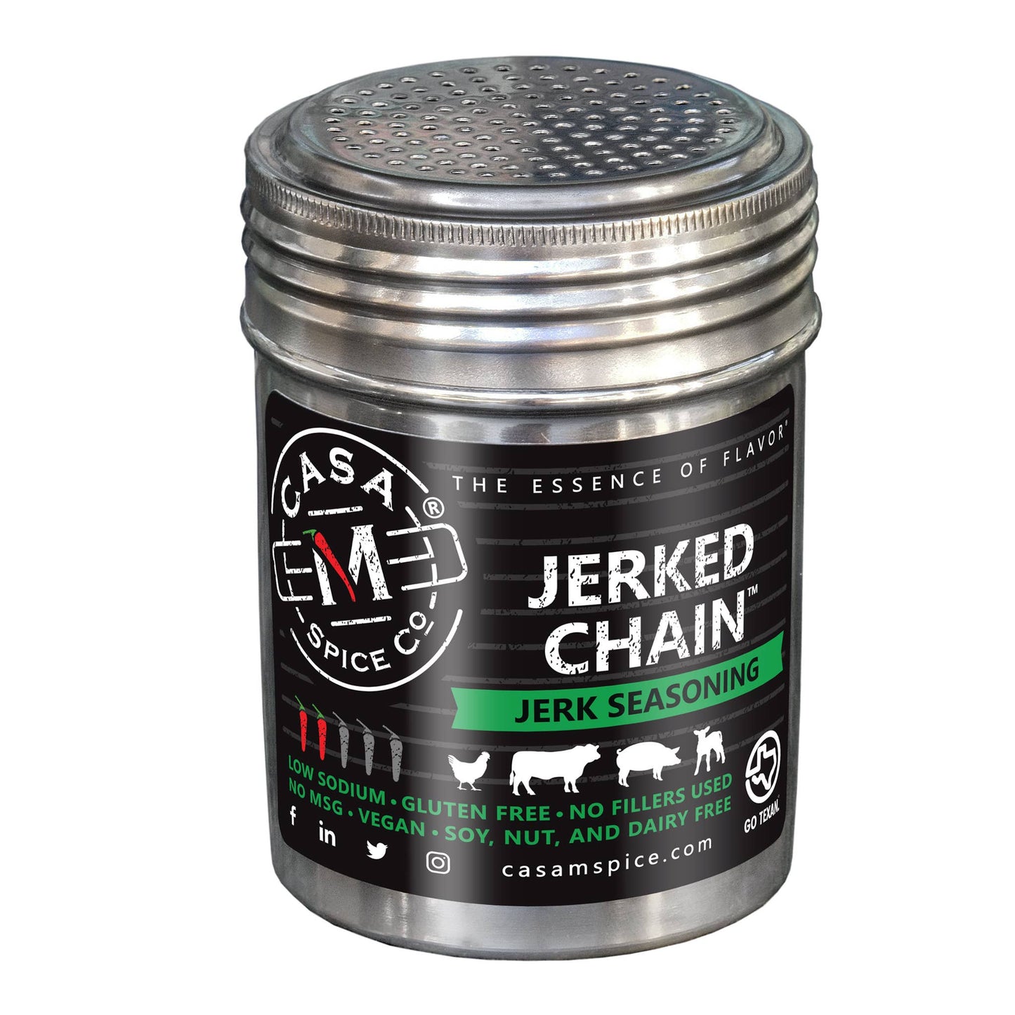 Casa M Spice Co LLC - Jerked Chain® Jerk Seasoning - Stainless Steel Shaker