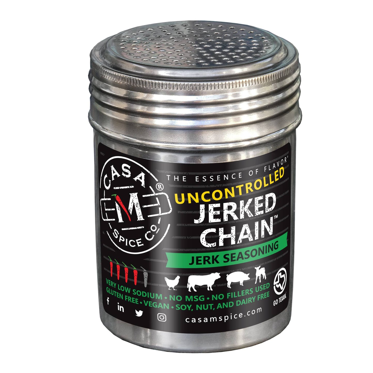 Casa M Spice Co LLC - Jerked Chain® Jerk Seasoning - Stainless Steel Shaker